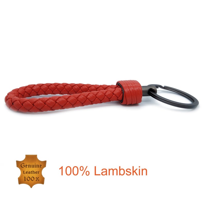 LABEN Key Chain Lambskin Handwoven Genuine Leather Keychain - Red - Image 2